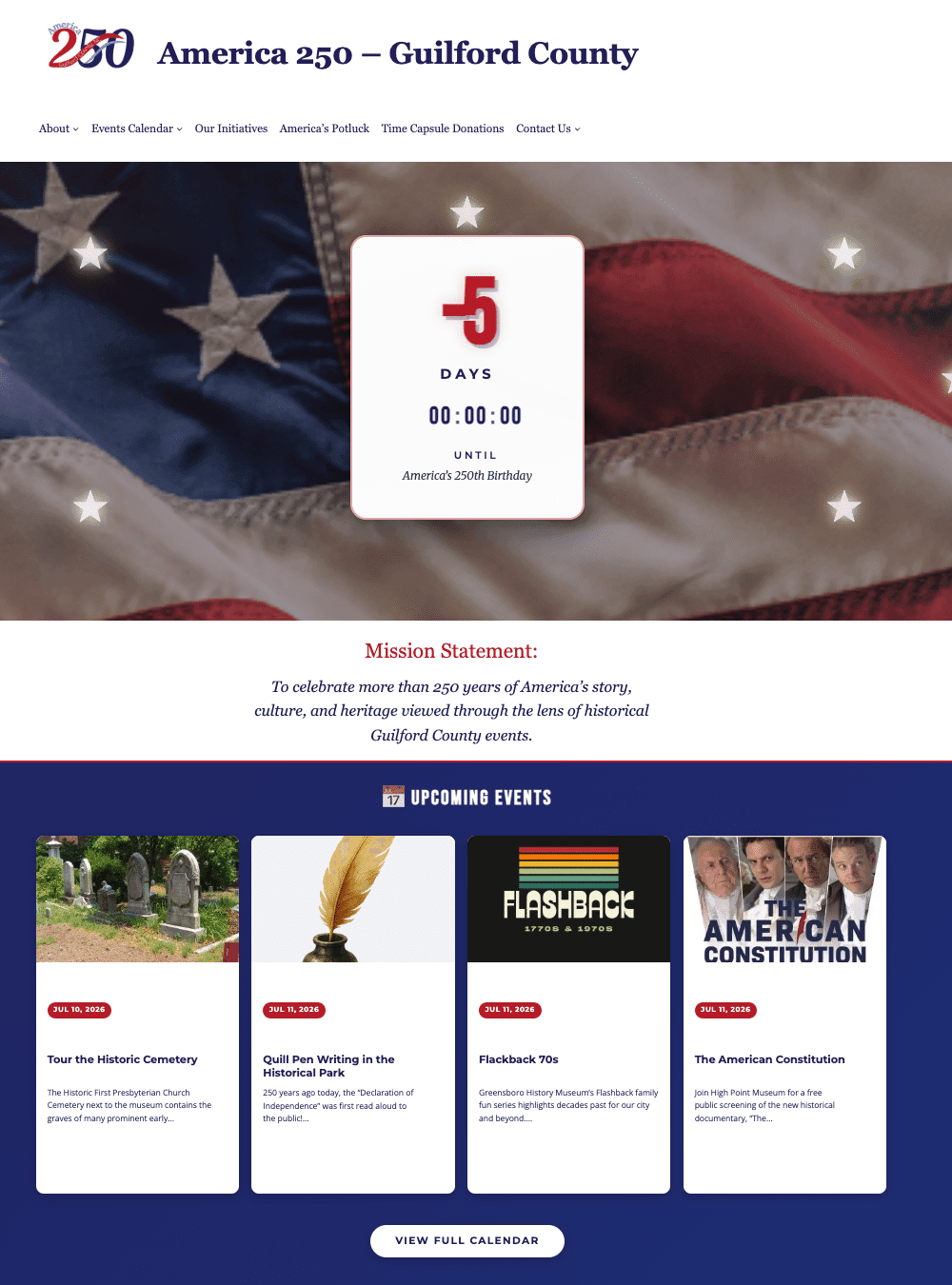 top half of the america250 guilford landing page